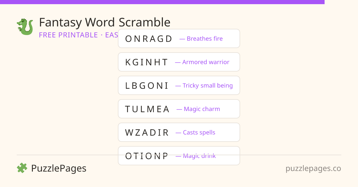 Fantasy Easy printable word scramble preview — free to print from PuzzlePages