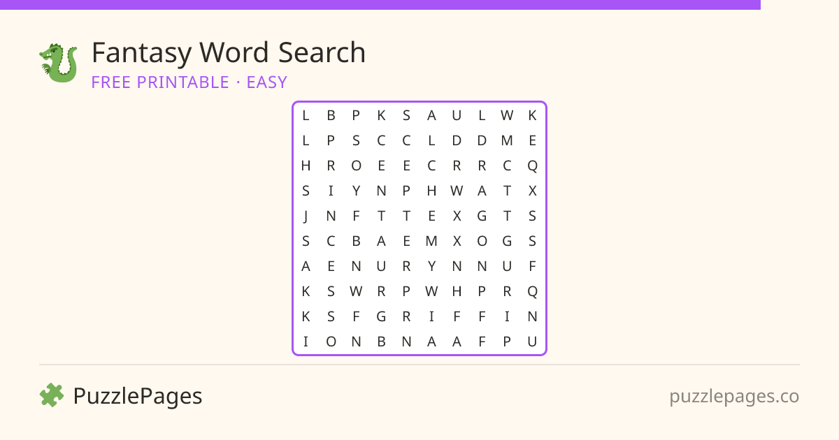 Fantasy Easy printable word search preview — free to print from PuzzlePages