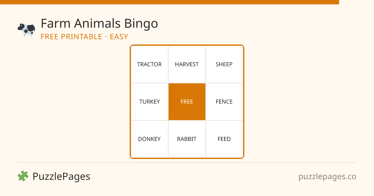 Farm Animals Easy printable bingo preview — free to print from PuzzlePages