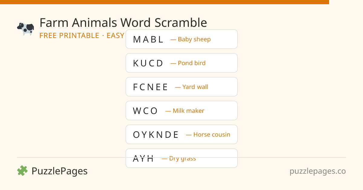 Farm Animals Easy printable word scramble preview — free to print from PuzzlePages