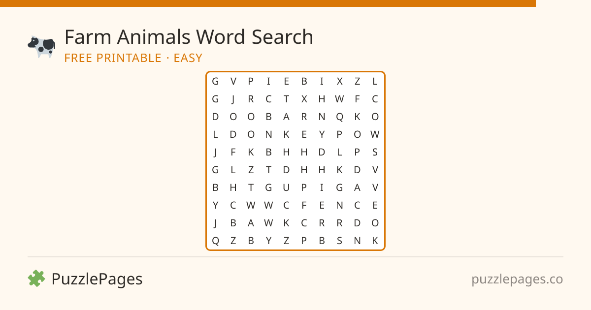 Farm Animals Easy printable word search preview — free to print from PuzzlePages