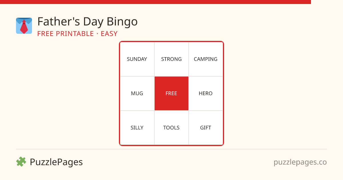 Father's Day Easy printable bingo preview — free to print from PuzzlePages