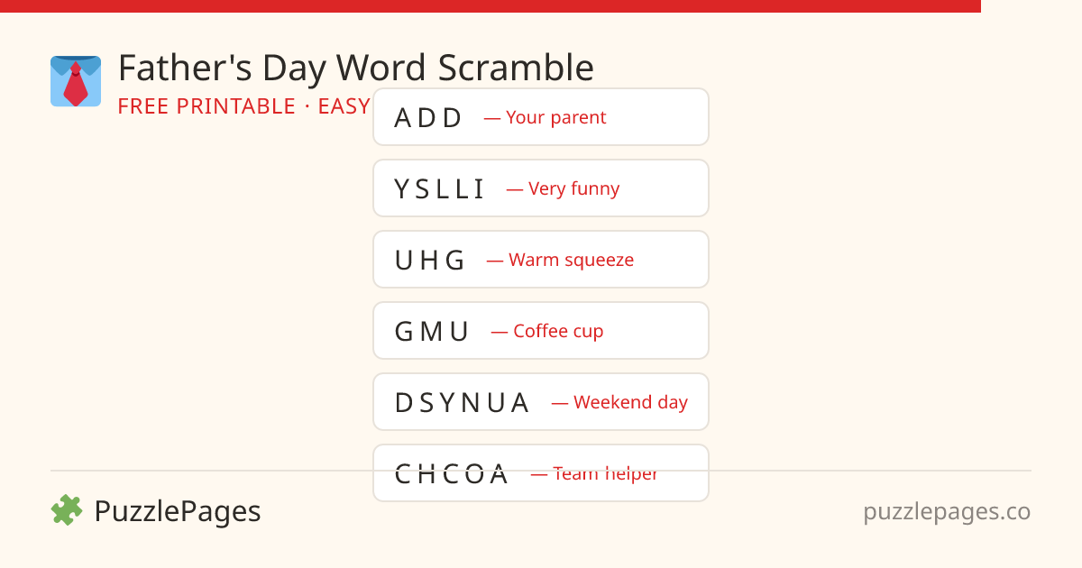 Father's Day Easy printable word scramble preview — free to print from PuzzlePages