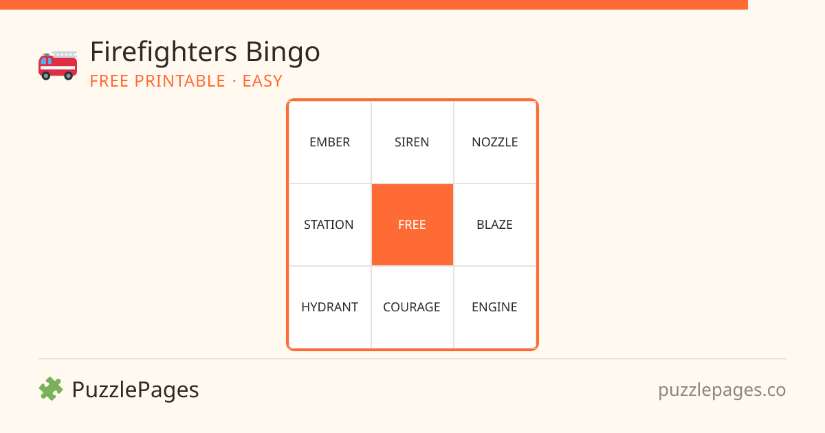 Firefighters Easy printable bingo preview — free to print from PuzzlePages