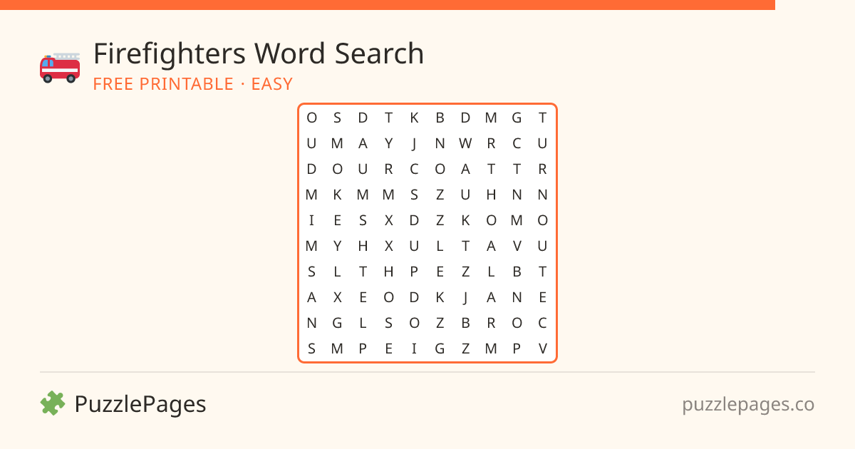 Firefighters Easy printable word search preview — free to print from PuzzlePages