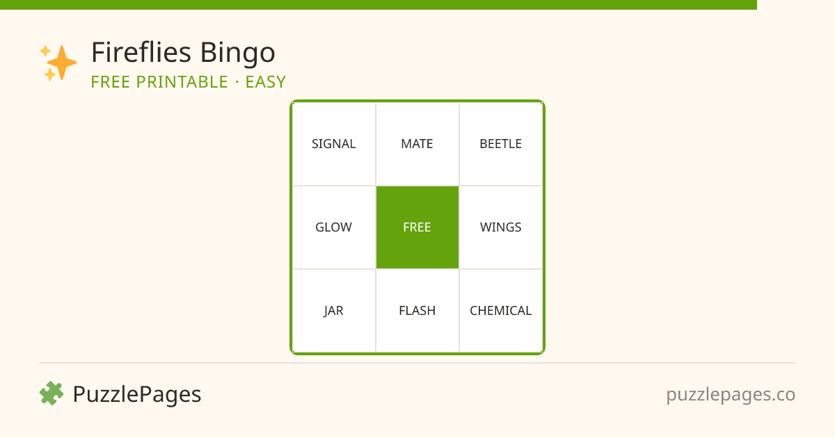 Fireflies Easy printable bingo preview — free to print from PuzzlePages