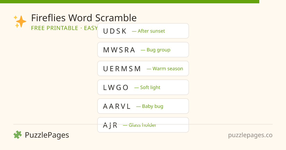 Fireflies Easy printable word scramble preview — free to print from PuzzlePages