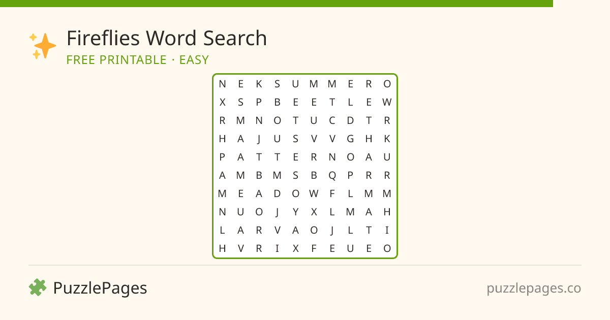 Fireflies Easy printable word search preview — free to print from PuzzlePages