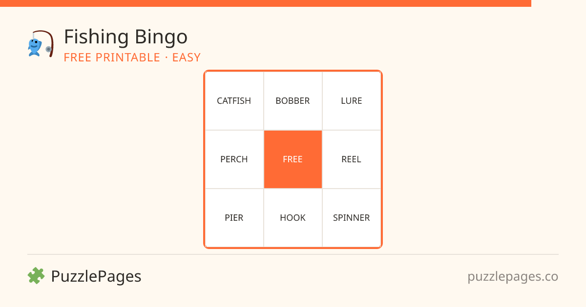 Fishing Easy printable bingo preview — free to print from PuzzlePages