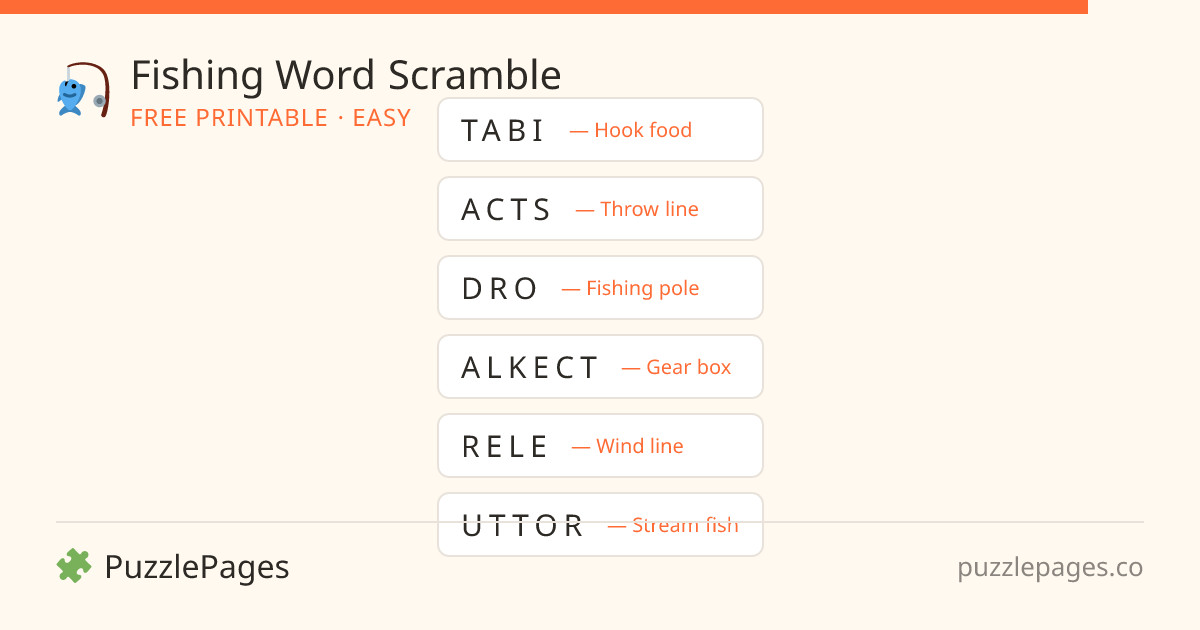 Fishing Easy printable word scramble preview — free to print from PuzzlePages