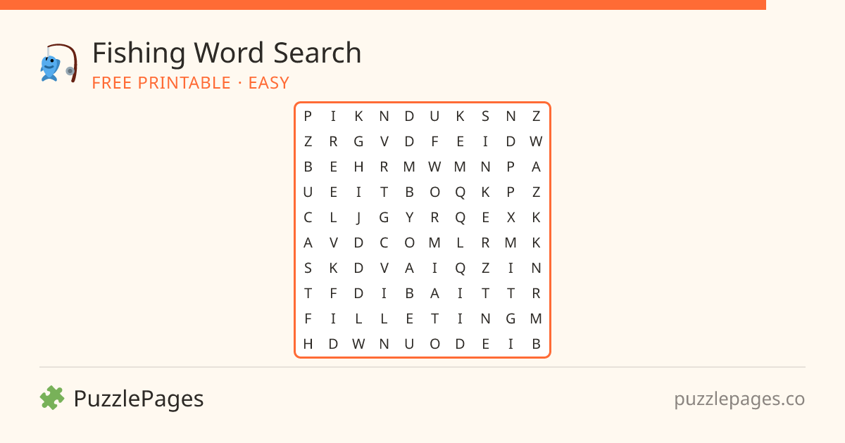 Fishing Easy printable word search preview — free to print from PuzzlePages