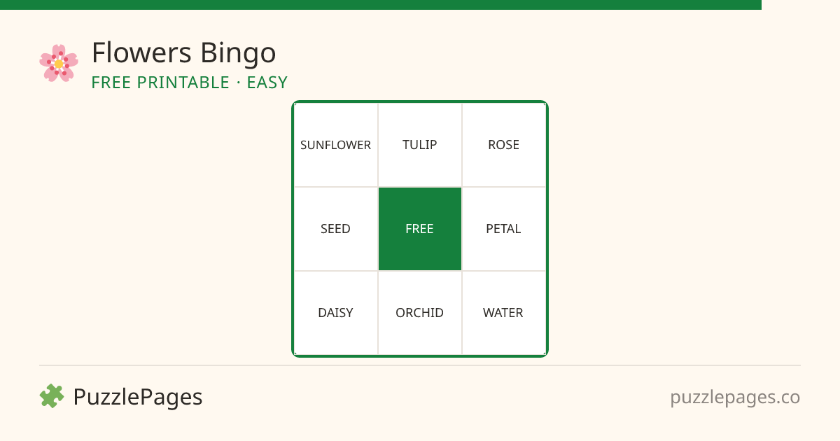 Flowers Easy printable bingo preview — free to print from PuzzlePages