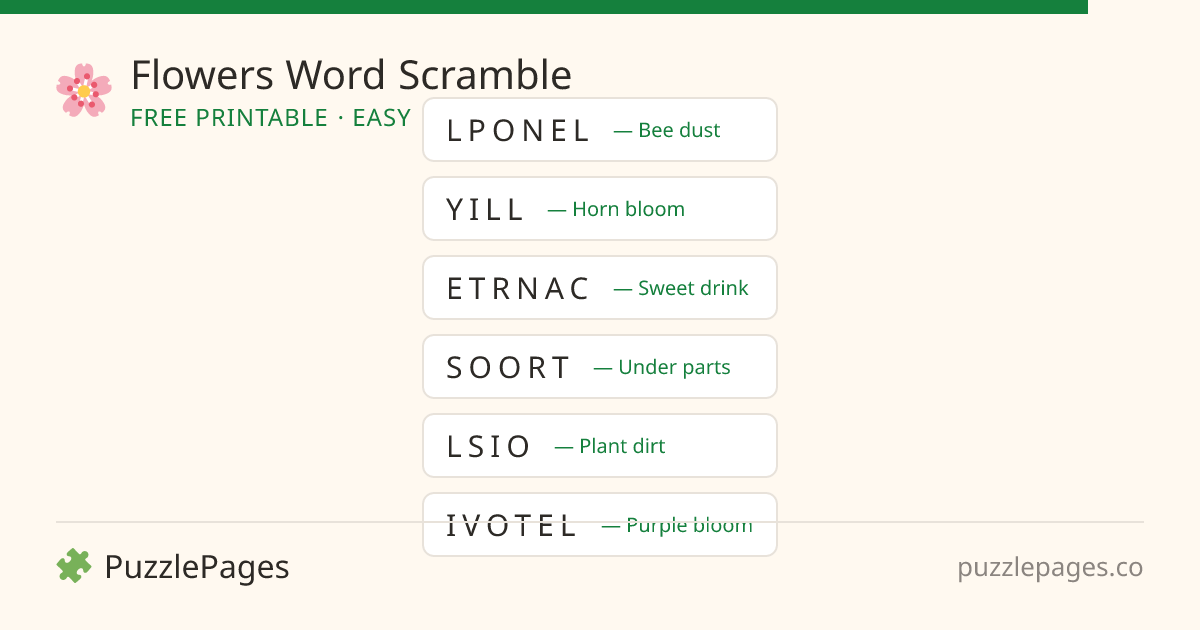 Flowers Easy printable word scramble preview — free to print from PuzzlePages