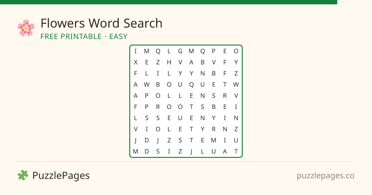 Flowers Easy printable word search preview — free to print from PuzzlePages