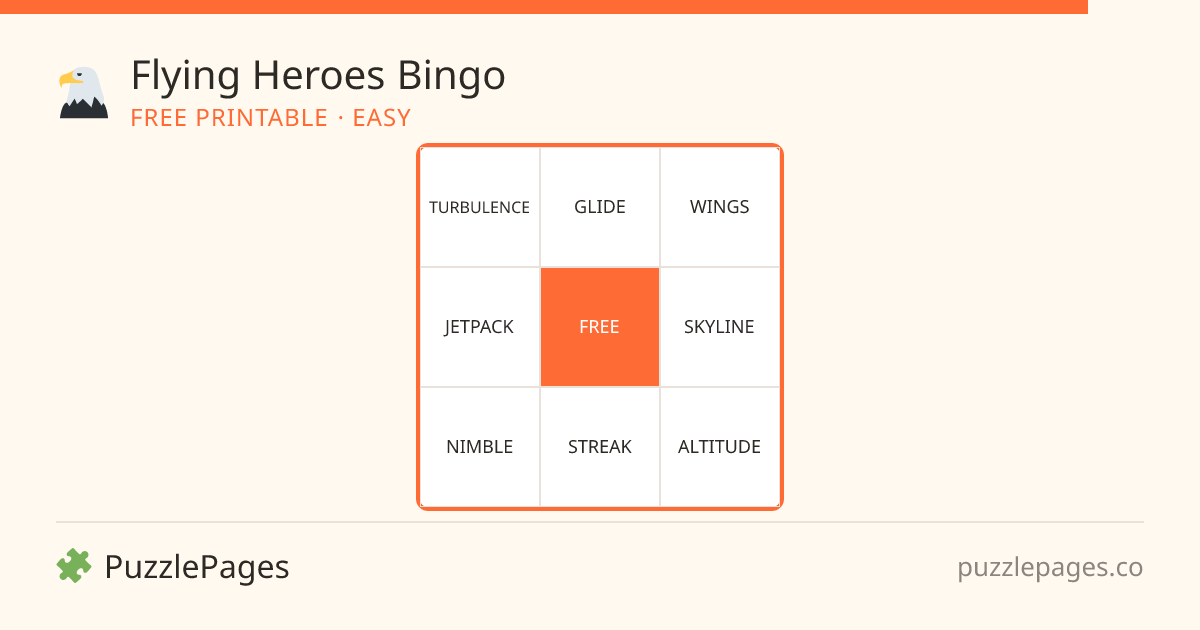 Flying Heroes Easy printable bingo preview — free to print from PuzzlePages