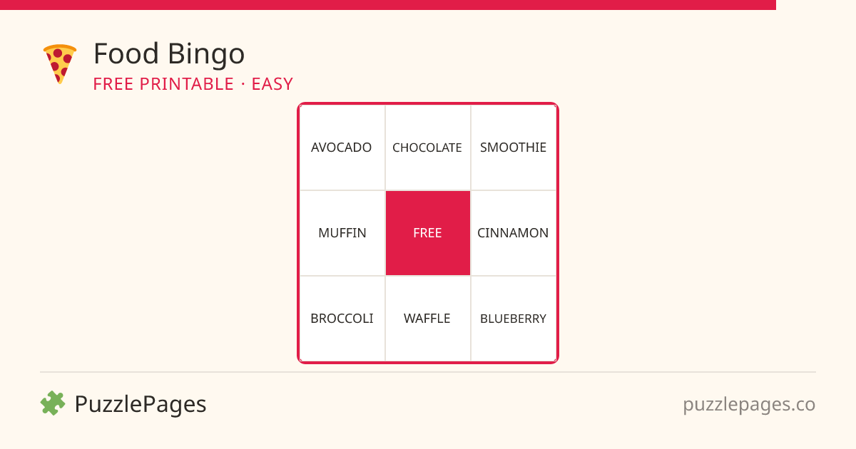 Food Easy printable bingo preview — free to print from PuzzlePages