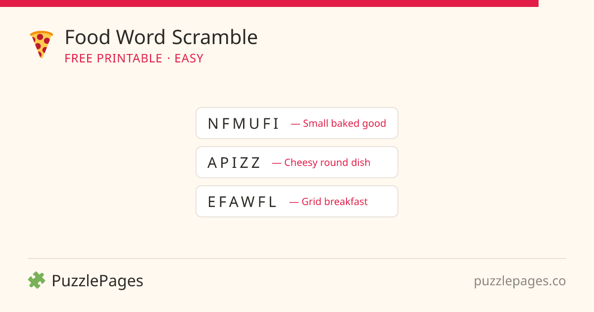 Food Easy printable word scramble preview — free to print from PuzzlePages