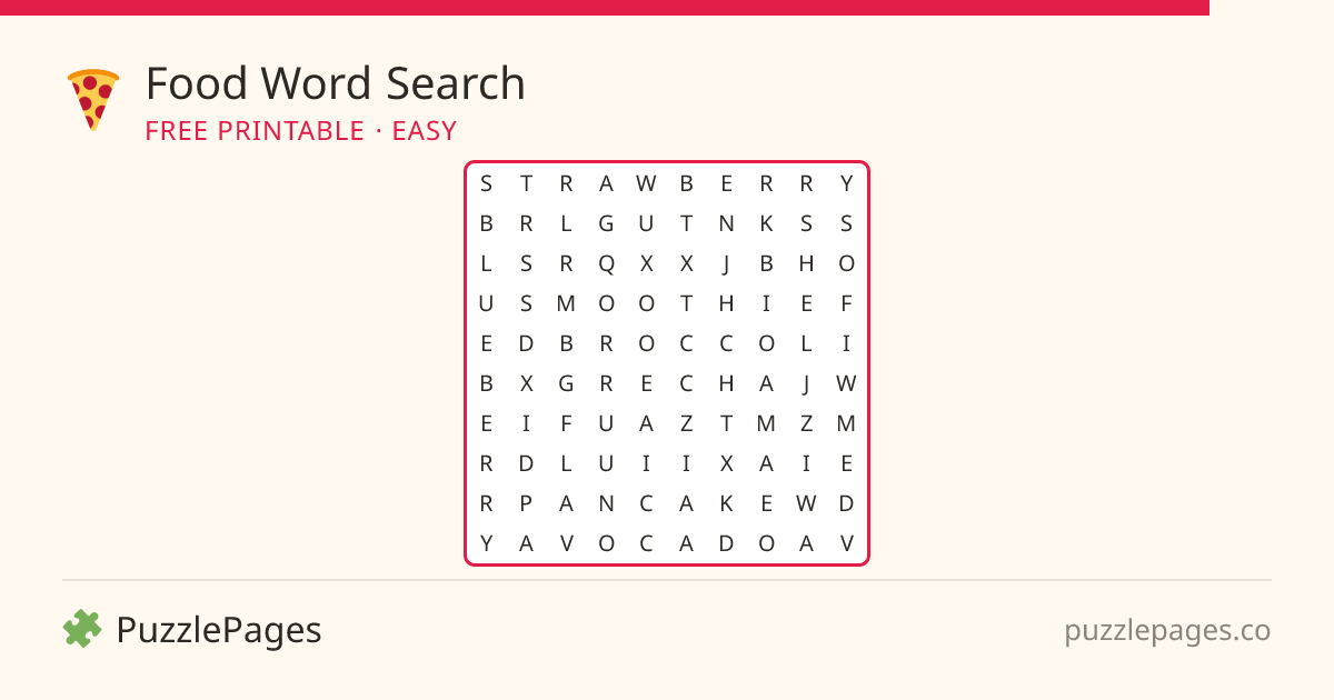 Food Easy printable word search preview — free to print from PuzzlePages