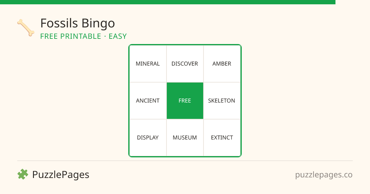 Fossils Easy printable bingo preview — free to print from PuzzlePages