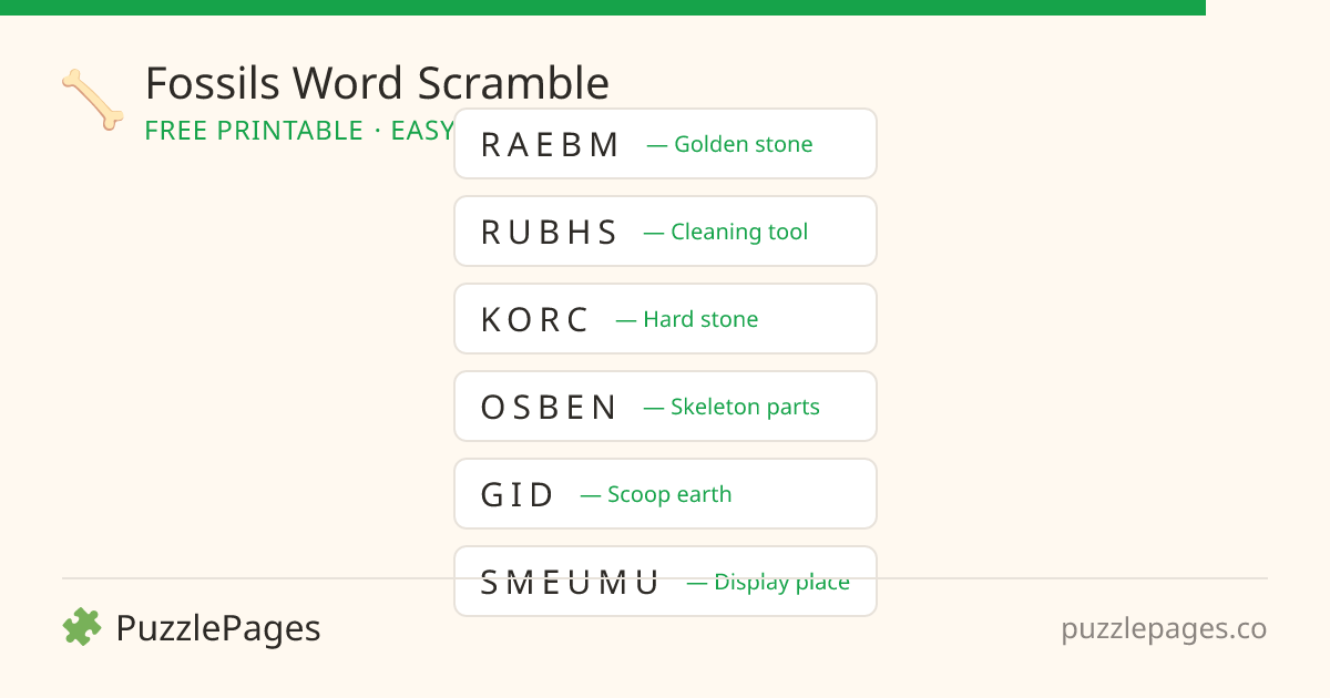 Fossils Easy printable word scramble preview — free to print from PuzzlePages