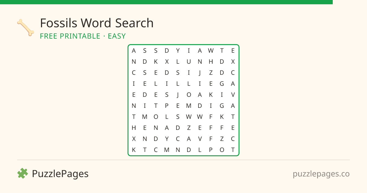 Fossils Easy printable word search preview — free to print from PuzzlePages