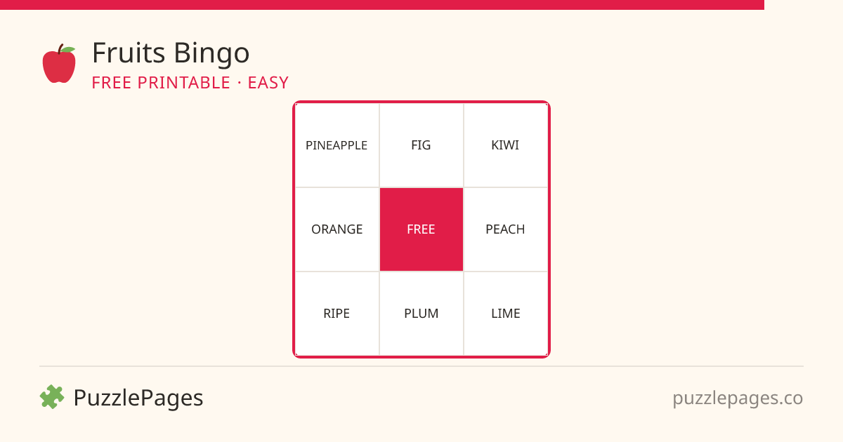 Fruits Easy printable bingo preview — free to print from PuzzlePages
