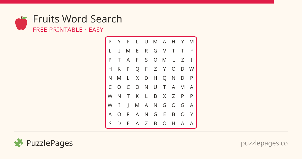 Fruits Easy printable word search preview — free to print from PuzzlePages