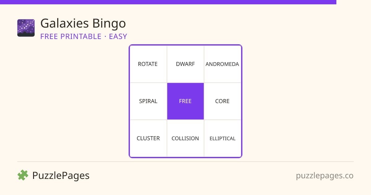 Galaxies Easy printable bingo preview — free to print from PuzzlePages