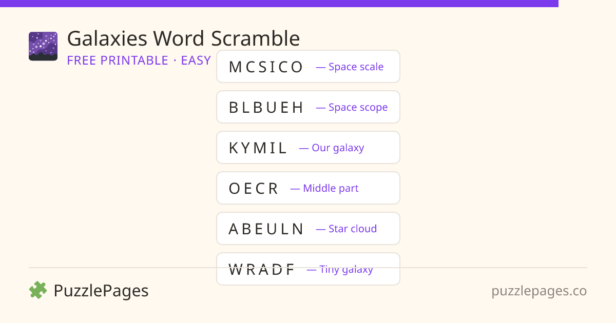 Galaxies Easy printable word scramble preview — free to print from PuzzlePages