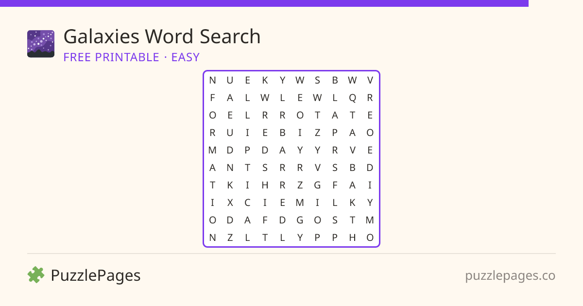 Galaxies Easy printable word search preview — free to print from PuzzlePages