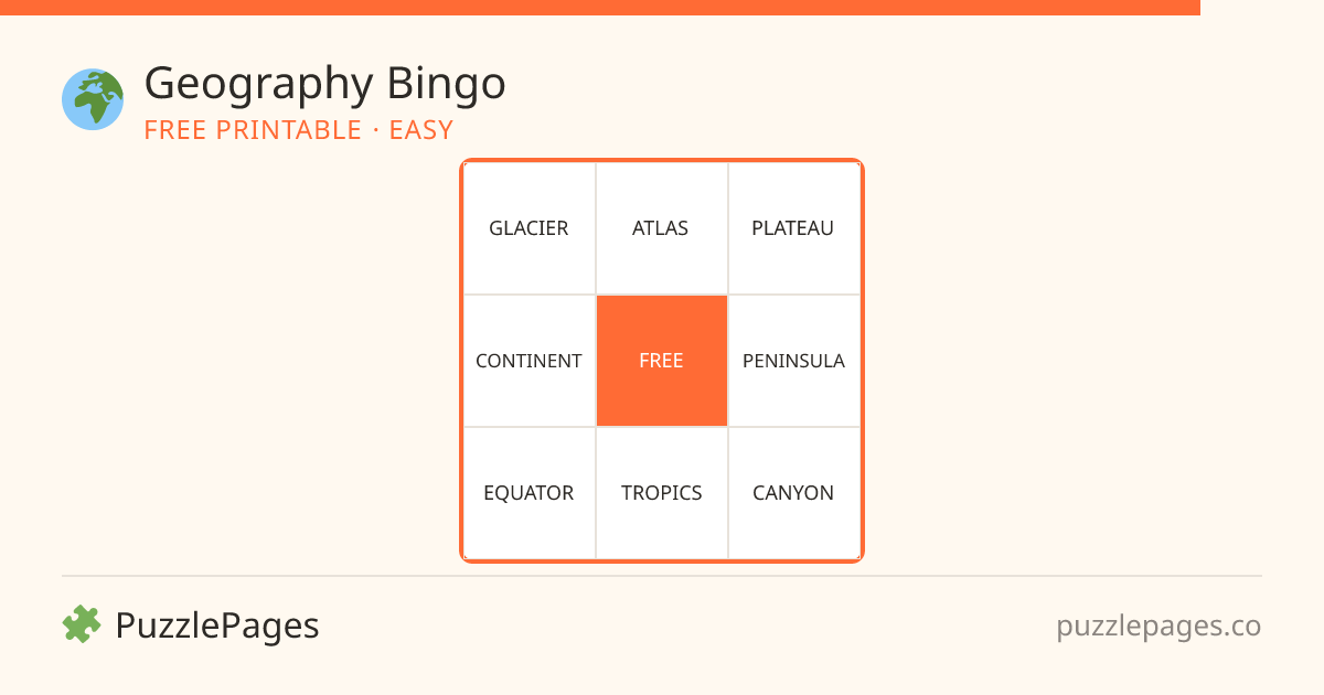 Geography Easy printable bingo preview — free to print from PuzzlePages