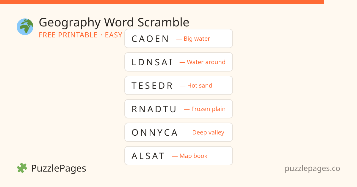 Geography Easy printable word scramble preview — free to print from PuzzlePages