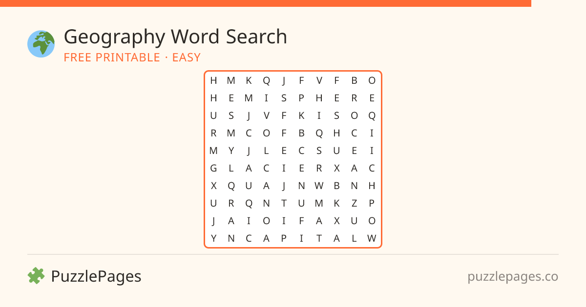 Geography Easy printable word search preview — free to print from PuzzlePages