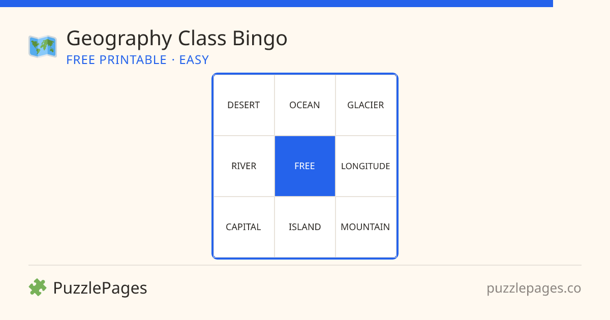 Geography Class Easy printable bingo preview — free to print from PuzzlePages