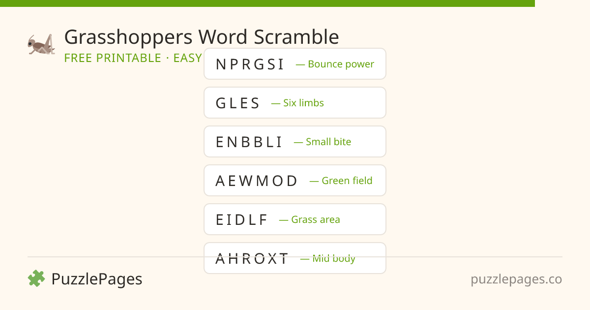 Grasshoppers Easy printable word scramble preview — free to print from PuzzlePages