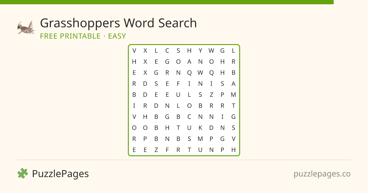 Grasshoppers Easy printable word search preview — free to print from PuzzlePages