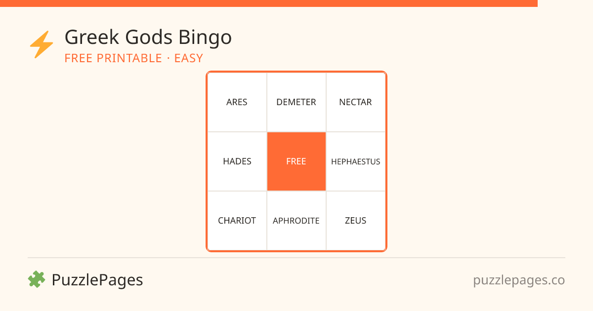 Greek Gods Easy printable bingo preview — free to print from PuzzlePages