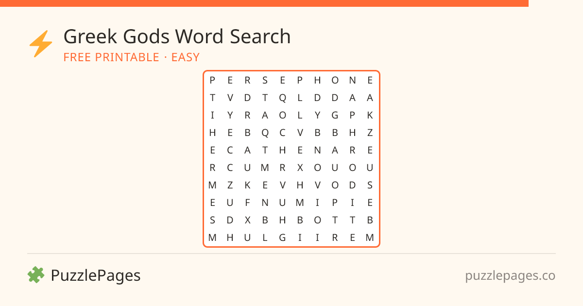 Greek Gods Easy printable word search preview — free to print from PuzzlePages