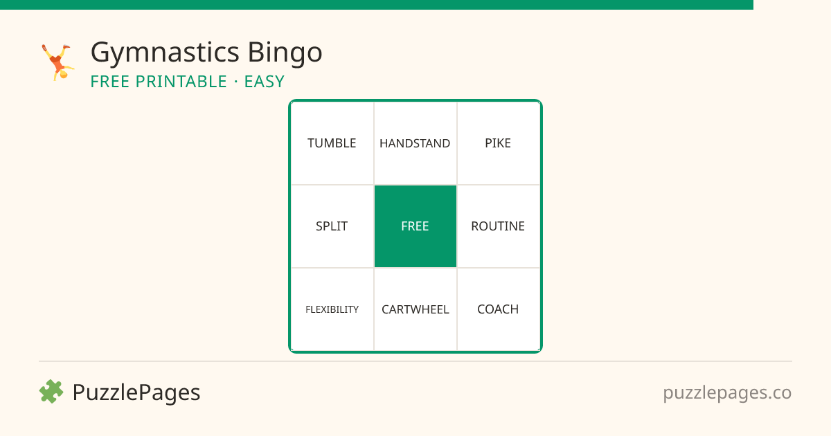 Gymnastics Easy printable bingo preview — free to print from PuzzlePages