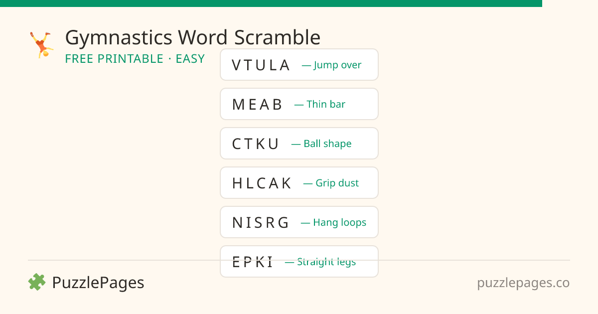 Gymnastics Easy printable word scramble preview — free to print from PuzzlePages