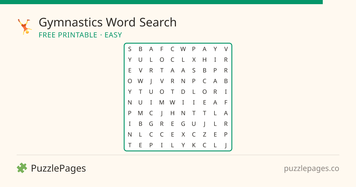 Gymnastics Easy printable word search preview — free to print from PuzzlePages