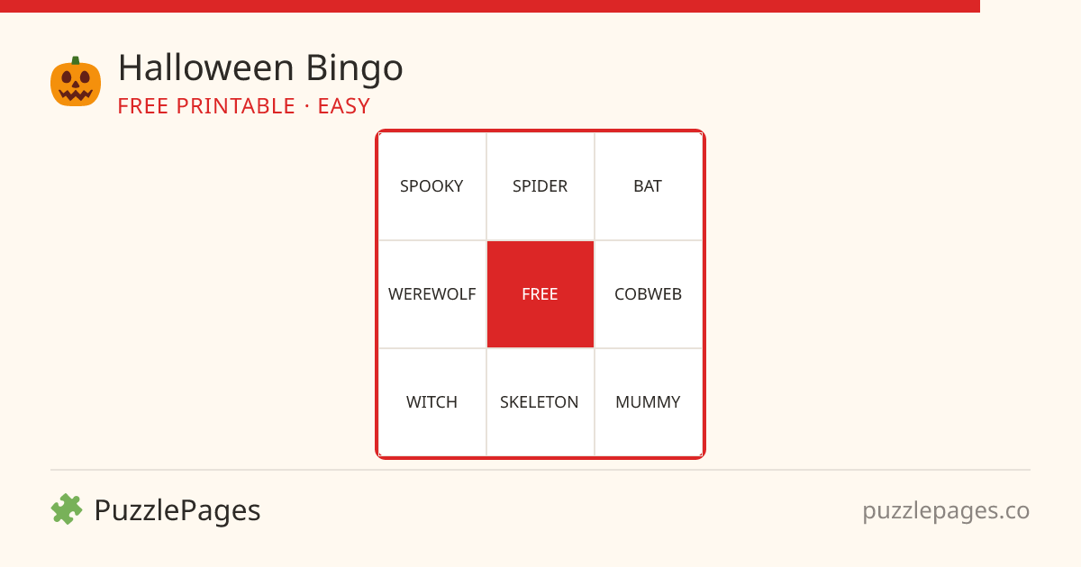Halloween Easy printable bingo preview — free to print from PuzzlePages