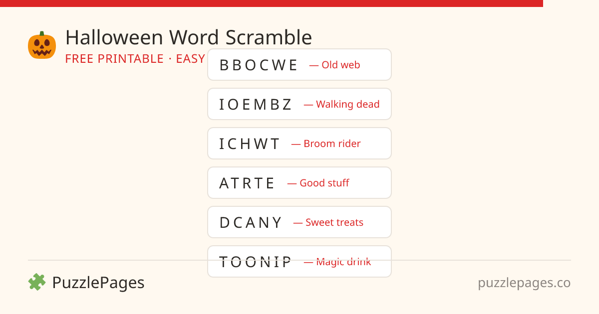 Halloween Easy printable word scramble preview — free to print from PuzzlePages
