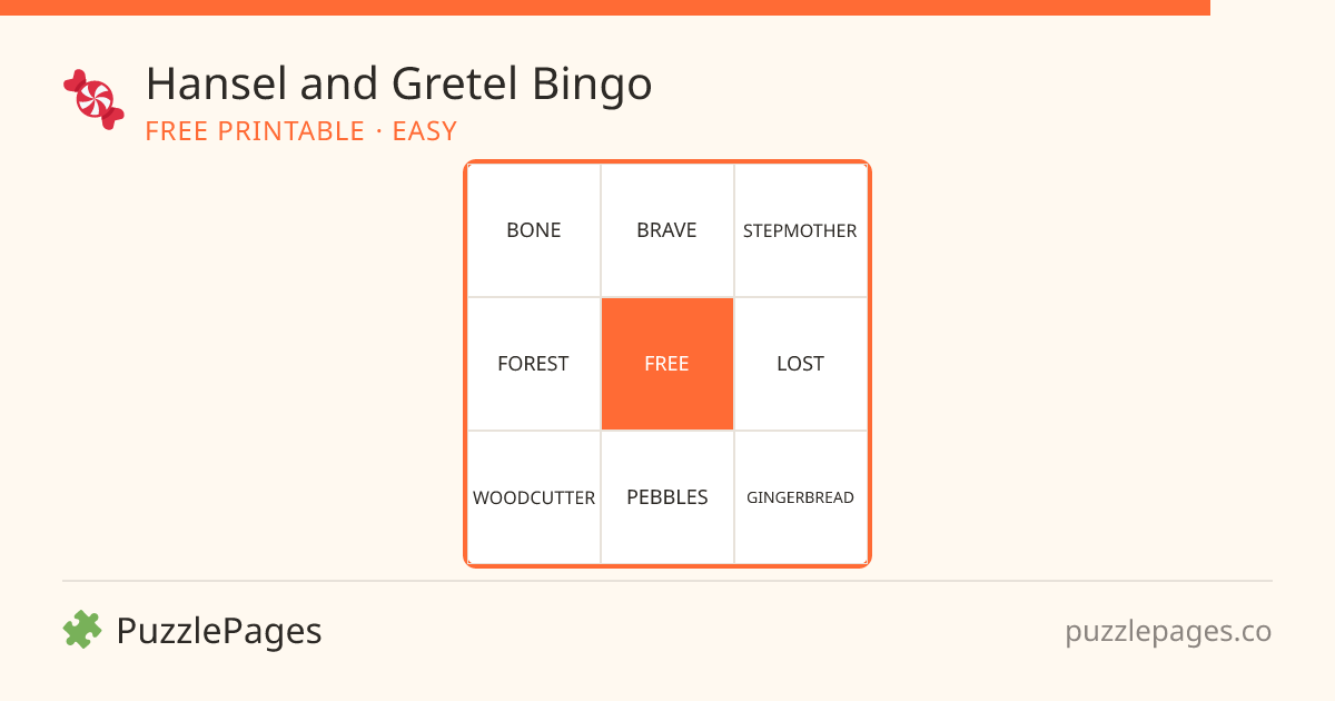 Hansel and Gretel Easy printable bingo preview — free to print from PuzzlePages