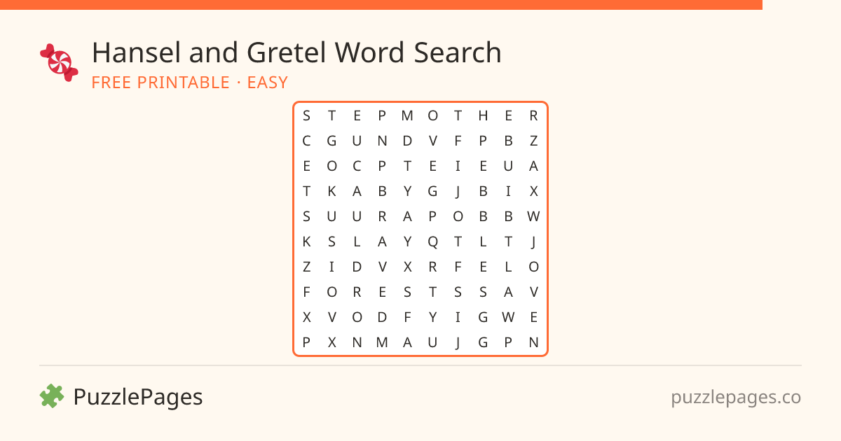 Hansel and Gretel Easy printable word search preview — free to print from PuzzlePages