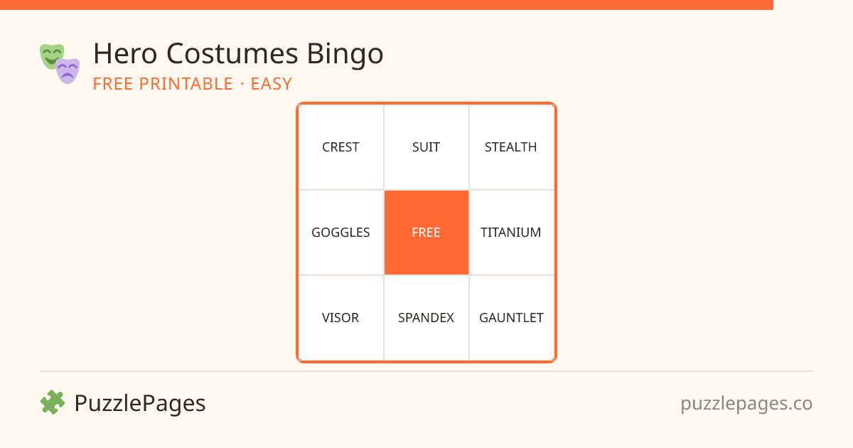 Hero Costumes Easy printable bingo preview — free to print from PuzzlePages