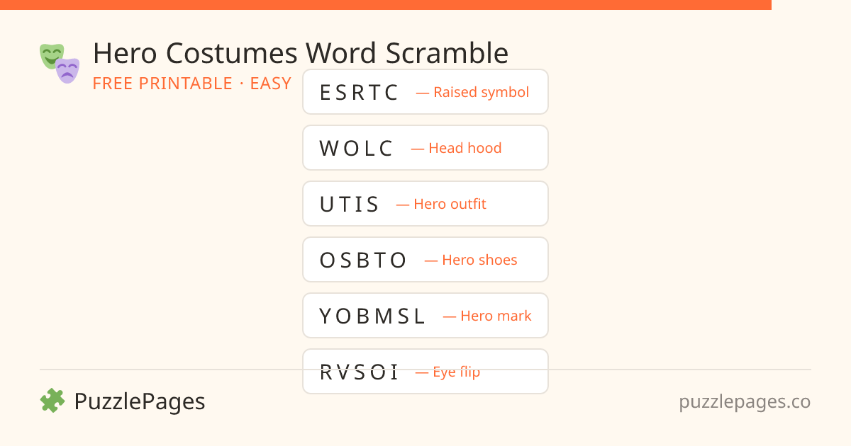 Hero Costumes Easy printable word scramble preview — free to print from PuzzlePages