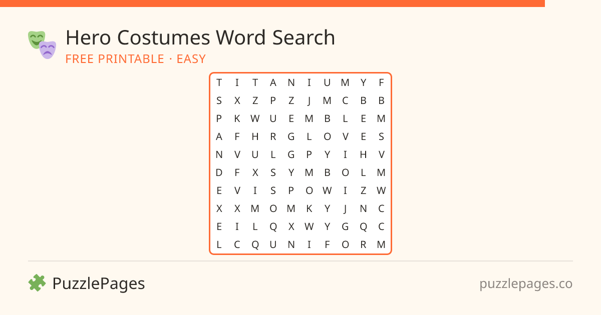 Hero Costumes Easy printable word search preview — free to print from PuzzlePages