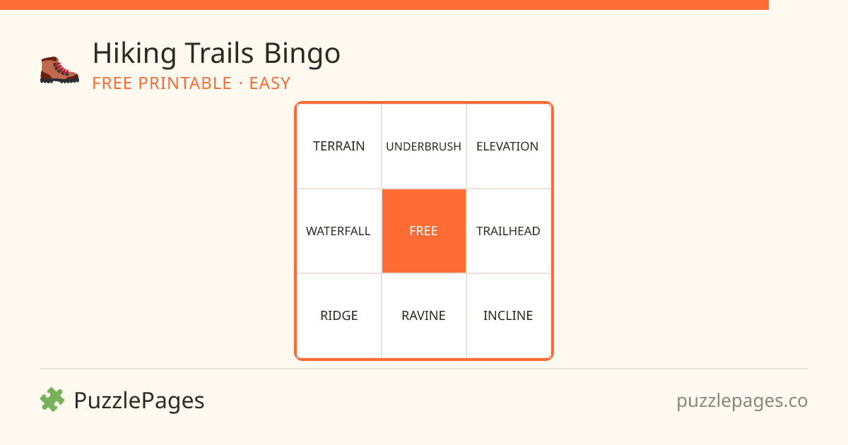 Hiking Trails Easy printable bingo preview — free to print from PuzzlePages