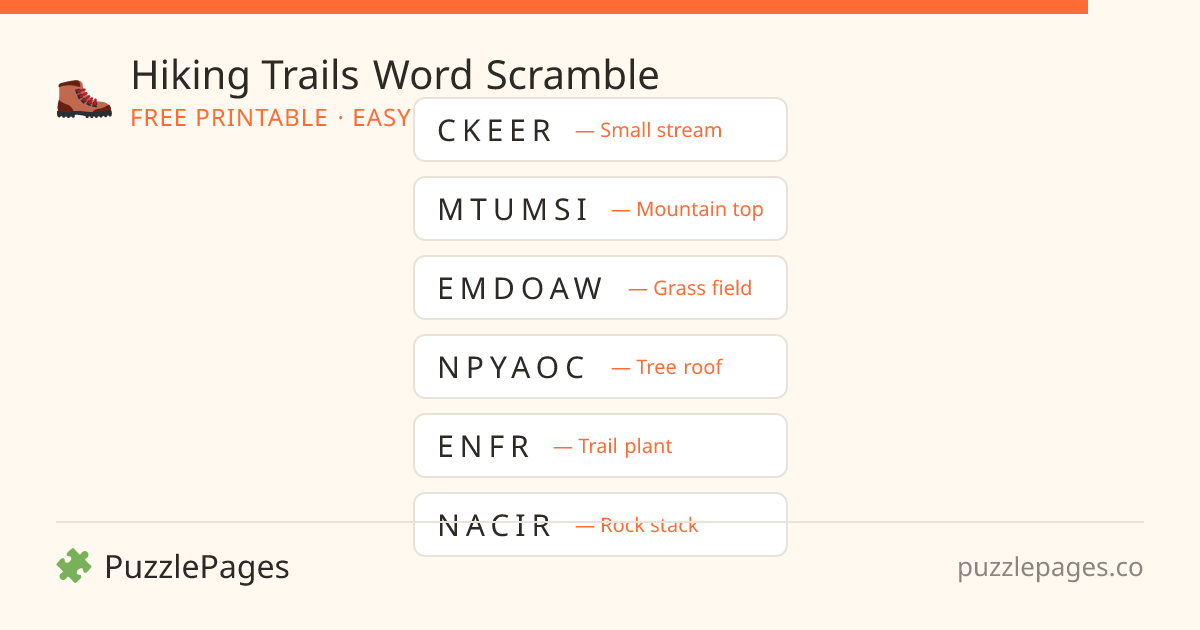 Hiking Trails Easy printable word scramble preview — free to print from PuzzlePages